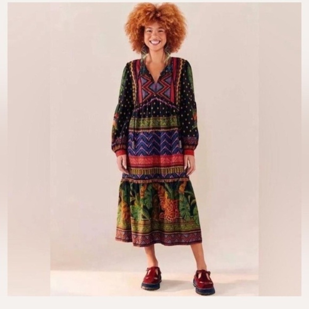 FARM RIO Dress MIDI‎ Forest Tapestry Split-Neck midi linen small